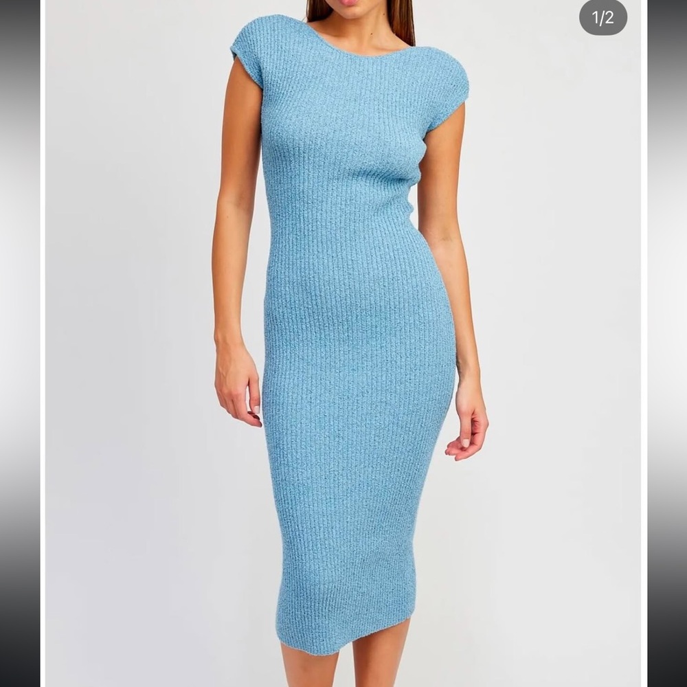 Elegant Blue Knit Dress open back